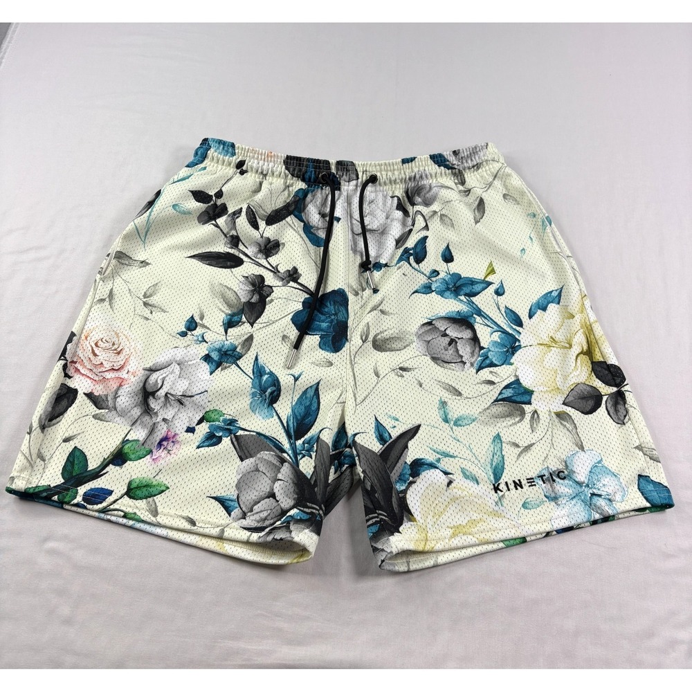 Kinetic Kings Shorts Mens 2XL Beige Floral AOP Mesh Graphic Athletic Gym